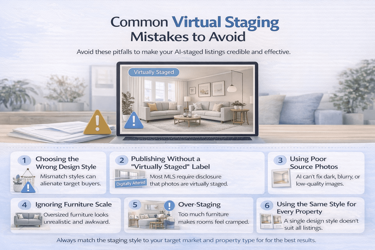 Infographic showing common AI virtual staging mistakes such as wrong style, poor photos, and over-staging.