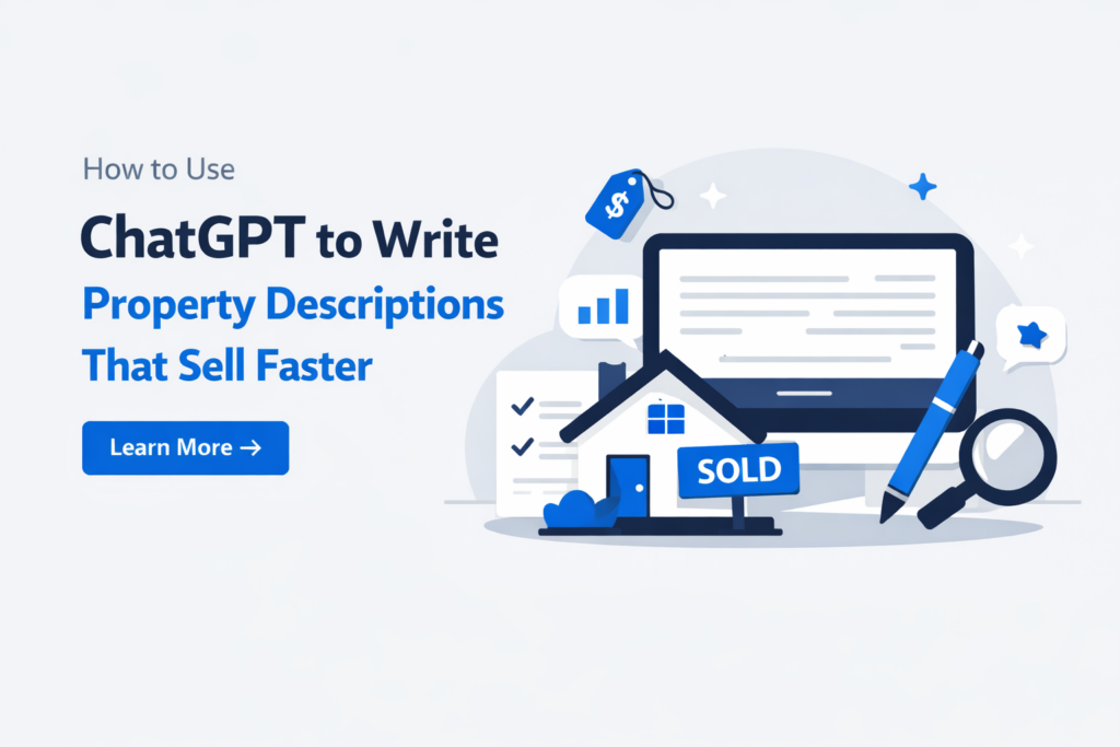 Minimal illustration showing laptop writing property listing, house with sold sign, and checklist icons.