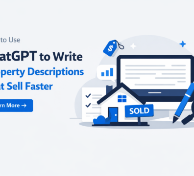 Minimal illustration showing laptop writing property listing, house with sold sign, and checklist icons.