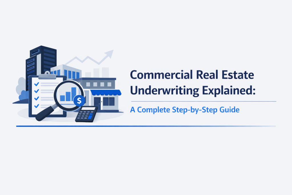 Minimalist illustration showing commercial buildings, financial documents, a magnifying glass, and a calculator representing commercial real estate underwriting analysis.