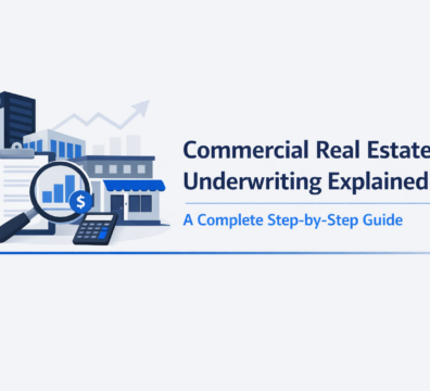 Minimalist illustration showing commercial buildings, financial documents, a magnifying glass, and a calculator representing commercial real estate underwriting analysis.