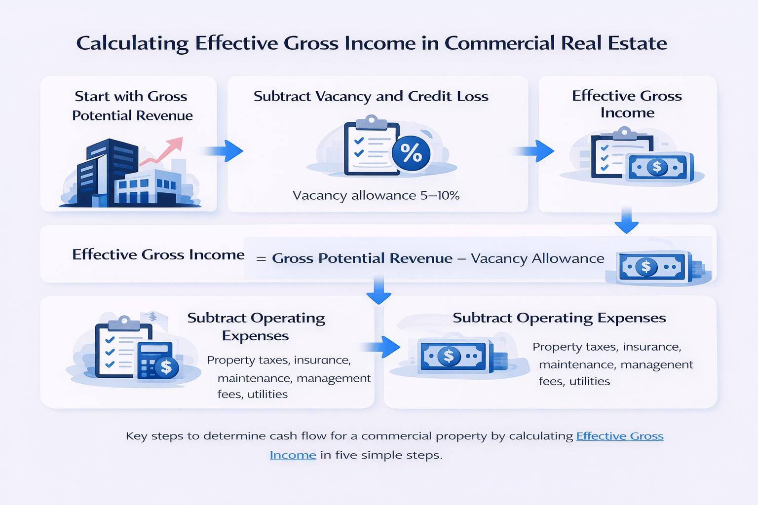 Infographic showing how to calculate effective gross income and cash flow in commercial real estate underwriting.