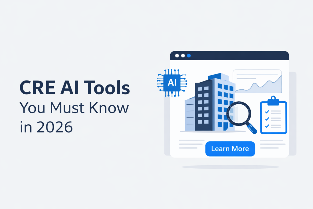 CRE AI tools illustration showing commercial buildings, analytics dashboard, and AI automation concepts for real estate in 2026