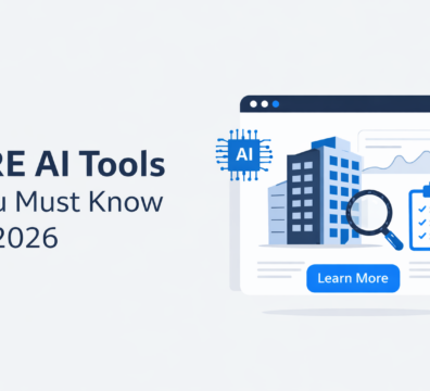 CRE AI tools illustration showing commercial buildings, analytics dashboard, and AI automation concepts for real estate in 2026