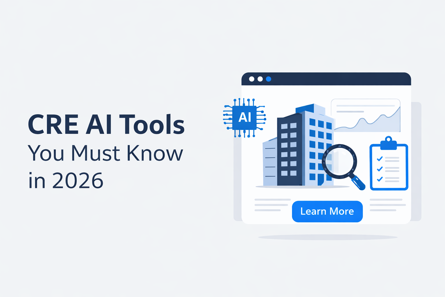 CRE AI tools illustration showing commercial buildings, analytics dashboard, and AI automation concepts for real estate in 2026