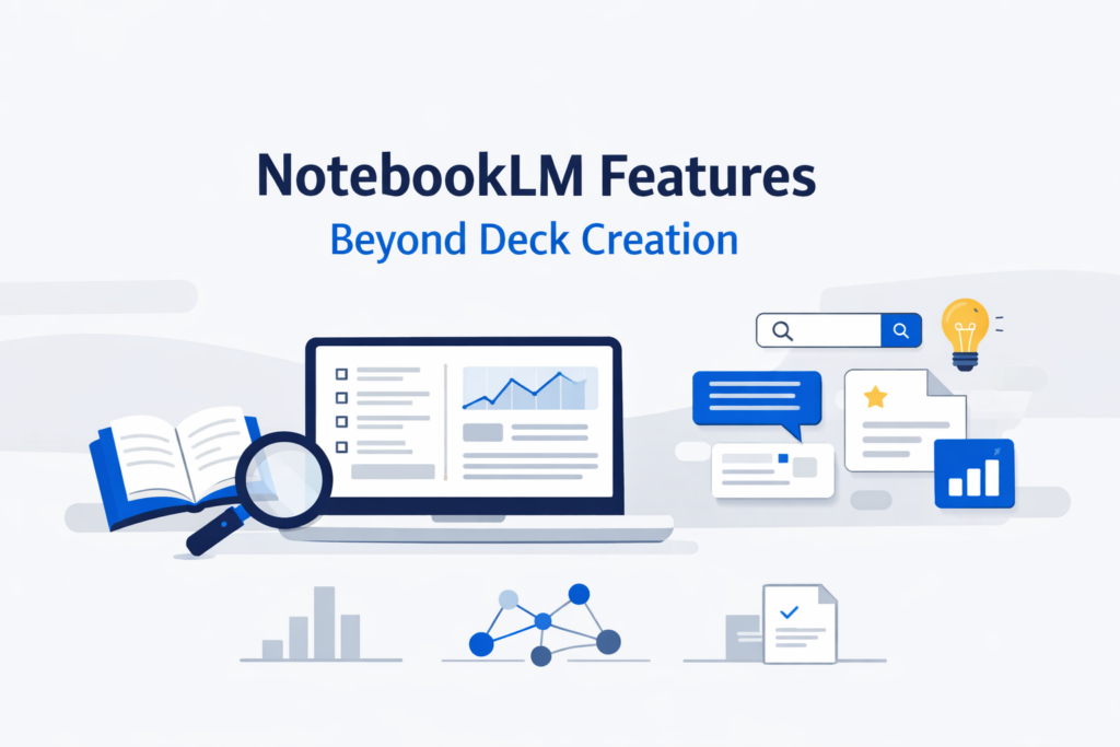 Minimalist feature image showing a laptop with analytics dashboard, documents, and AI icons representing NotebookLM capabilities beyond deck creation, using a clean blue and light background design.