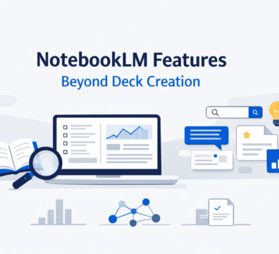Minimalist feature image showing a laptop with analytics dashboard, documents, and AI icons representing NotebookLM capabilities beyond deck creation, using a clean blue and light background design.