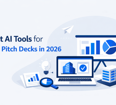 Minimalist feature image for “Best AI Tools for CRE Pitch Decks in 2026” showing a laptop with a real estate presentation, charts, documents, and building icons in a clean blue and grey SaaS-style layout.