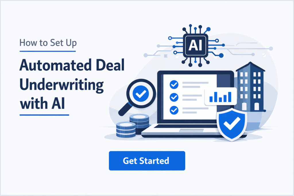 Minimalist feature image with light grey background showing the title “How to Set Up Automated Deal Underwriting with AI” alongside a laptop dashboard, AI chip icon, charts, and financial elements in blue and navy tones.