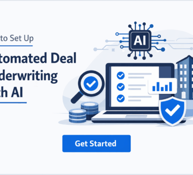 Minimalist feature image with light grey background showing the title “How to Set Up Automated Deal Underwriting with AI” alongside a laptop dashboard, AI chip icon, charts, and financial elements in blue and navy tones.