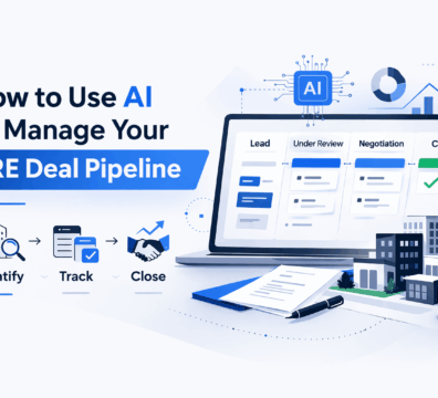Minimalist feature image showing a laptop dashboard managing a commercial real estate (CRE) deal pipeline with AI, including stages like lead, underwriting, negotiation, and closed, using a clean blue and white SaaS-style design.