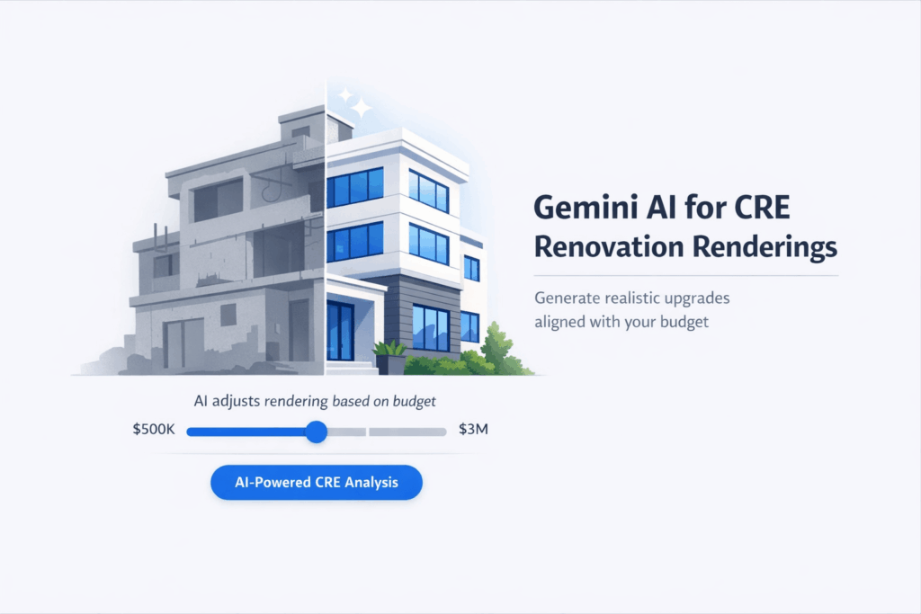 Minimal SaaS-style graphic showing AI-driven building renovation with budget slider and modern interface