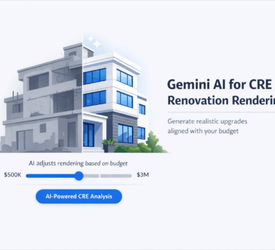Minimal SaaS-style graphic showing AI-driven building renovation with budget slider and modern interface