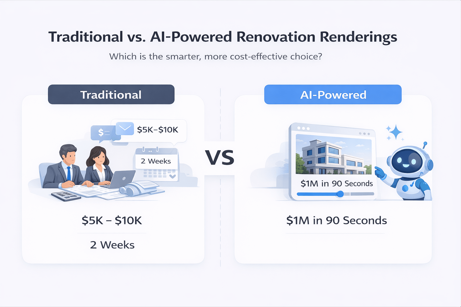Minimal comparison infographic showing traditional renovation rendering vs AI-powered approach with cost and time differences