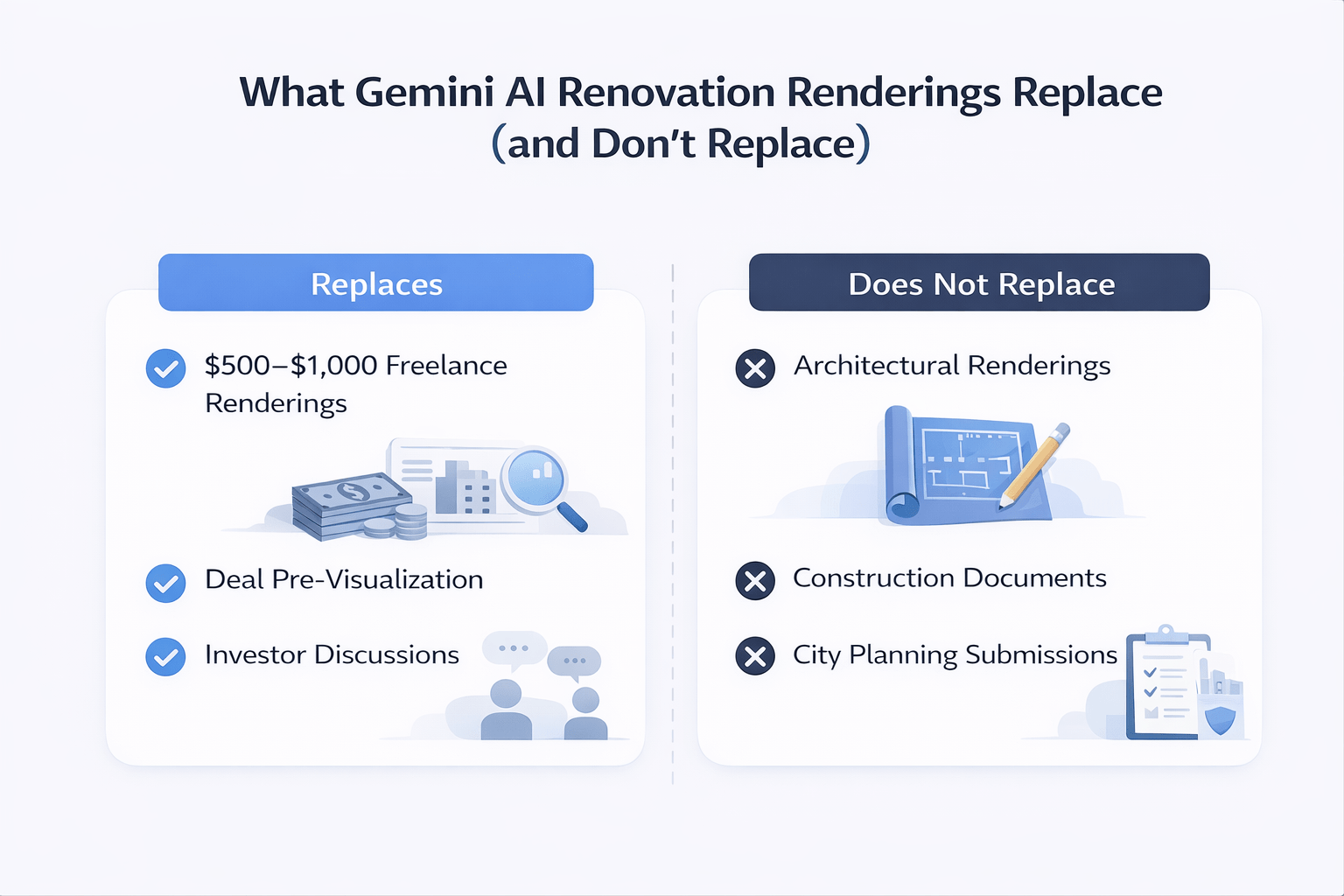 Minimal split infographic showing what AI renovation renderings replace vs what they do not replace