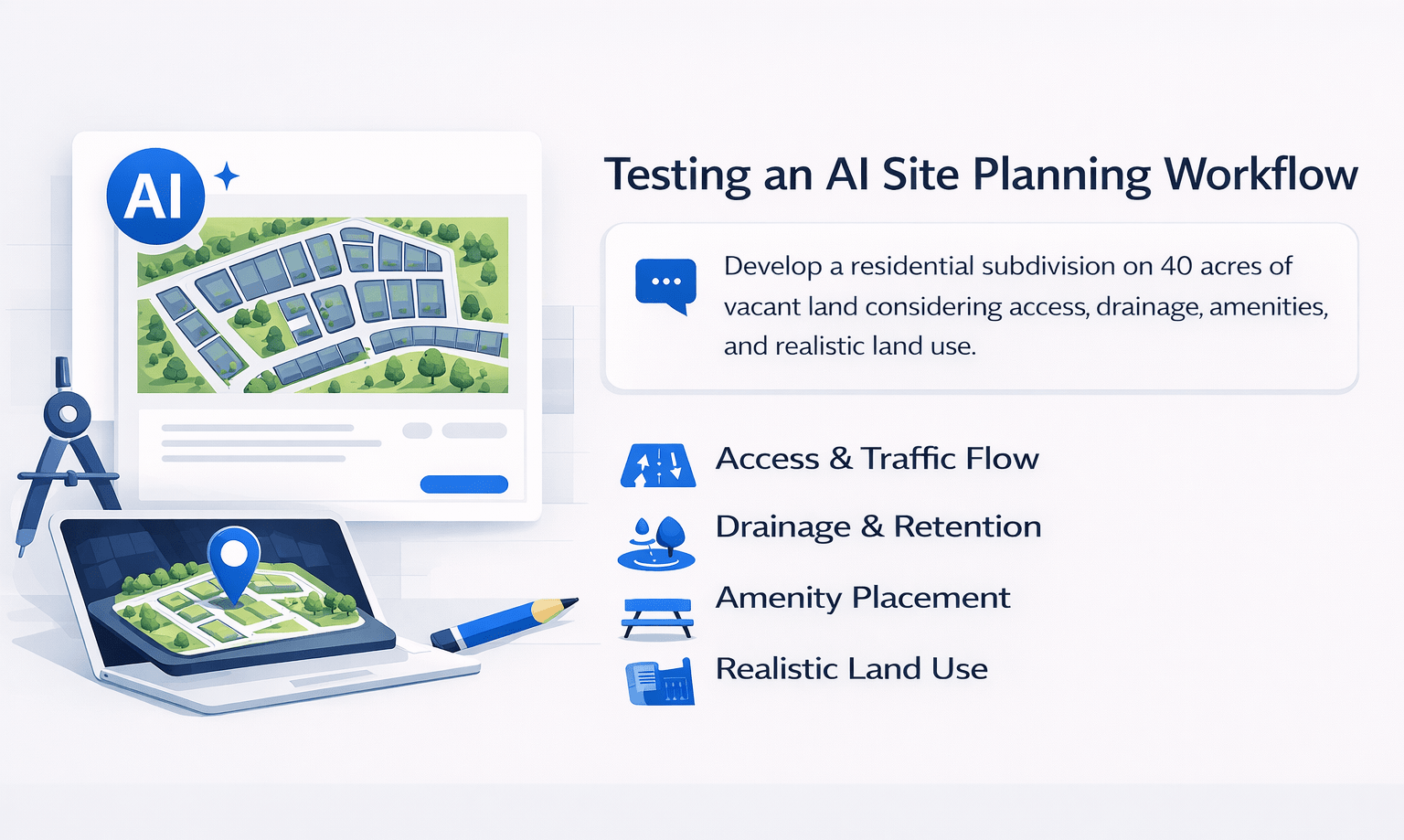 AI site planning workflow infographic showing subdivision layout and key design considerations