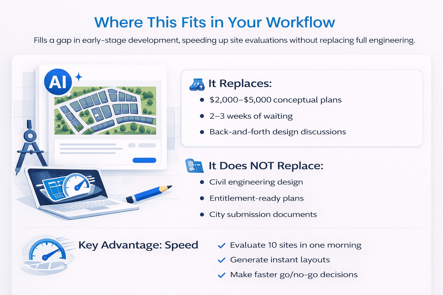 Workflow infographic showing what AI replaces, does not replace, and its speed advantage