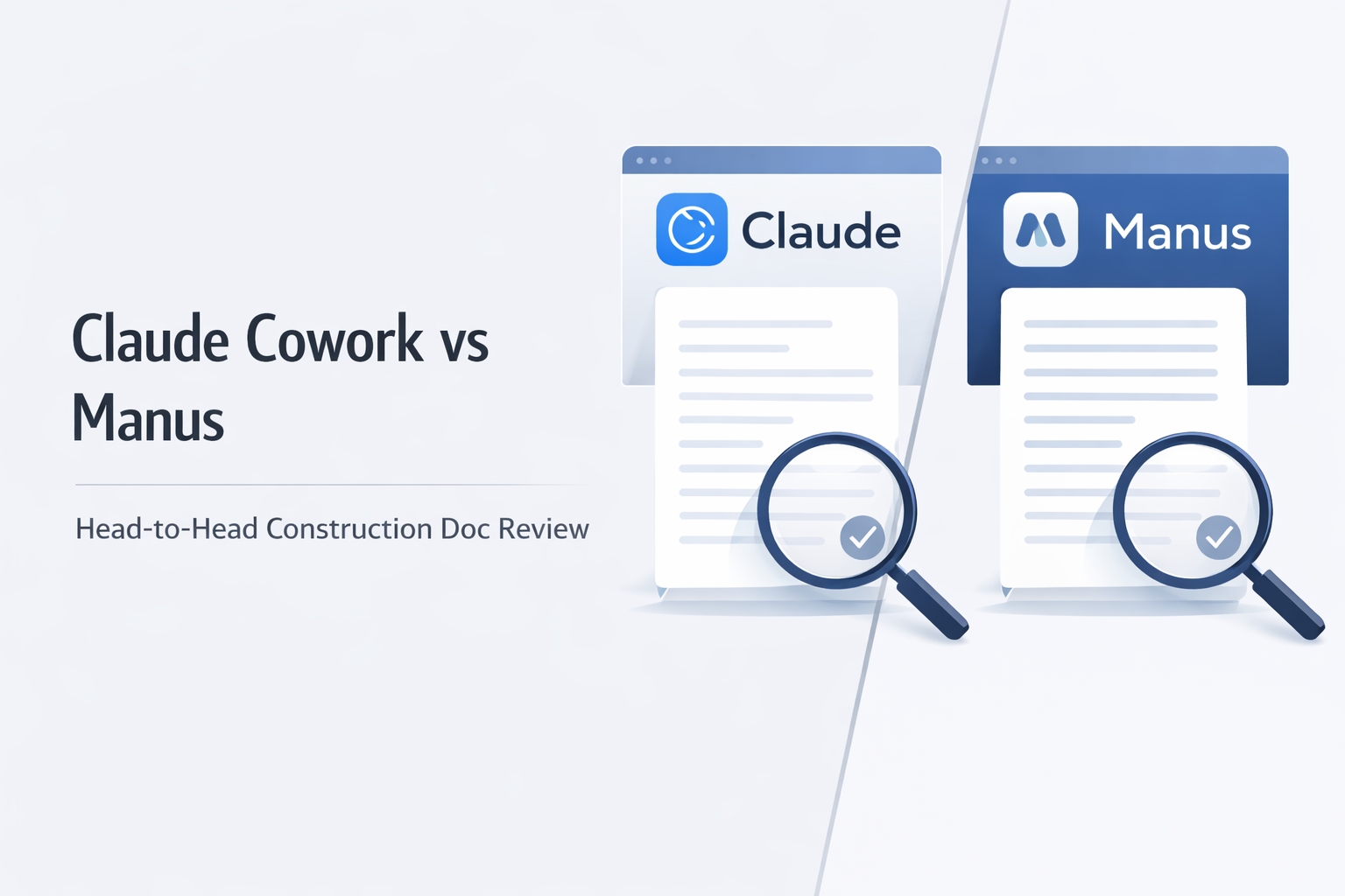 Minimalist feature image showing “Claude Cowork vs Manus” with a clean left-aligned heading and subheading, and simple document review visuals on the right in a light SaaS-style interface