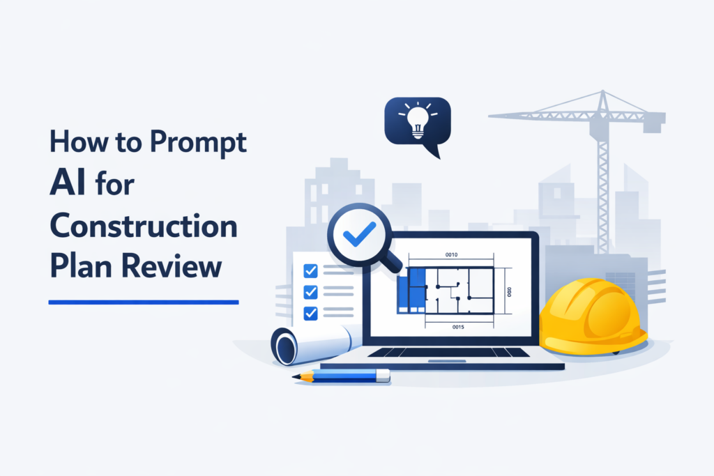 Minimalist feature image showing a laptop with construction floor plans, checklist, and hard hat, alongside the title “How to Prompt AI for Construction Plan Review” on a light background.