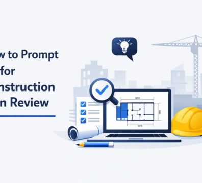Minimalist feature image showing a laptop with construction floor plans, checklist, and hard hat, alongside the title “How to Prompt AI for Construction Plan Review” on a light background.