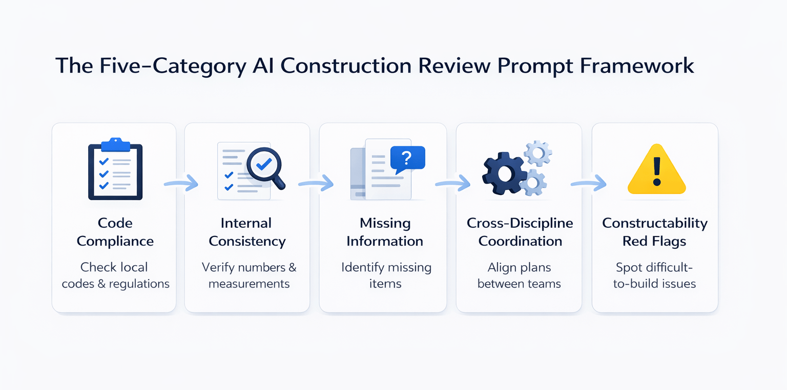 Minimalist horizontal infographic illustrating a five-category AI construction plan review framework, including code compliance, internal consistency, missing information, cross-discipline coordination, and constructability checks.