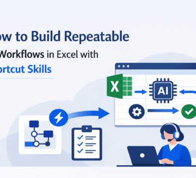 Minimalist feature image showing AI workflows in Excel with clean blue UI elements and structured process visuals