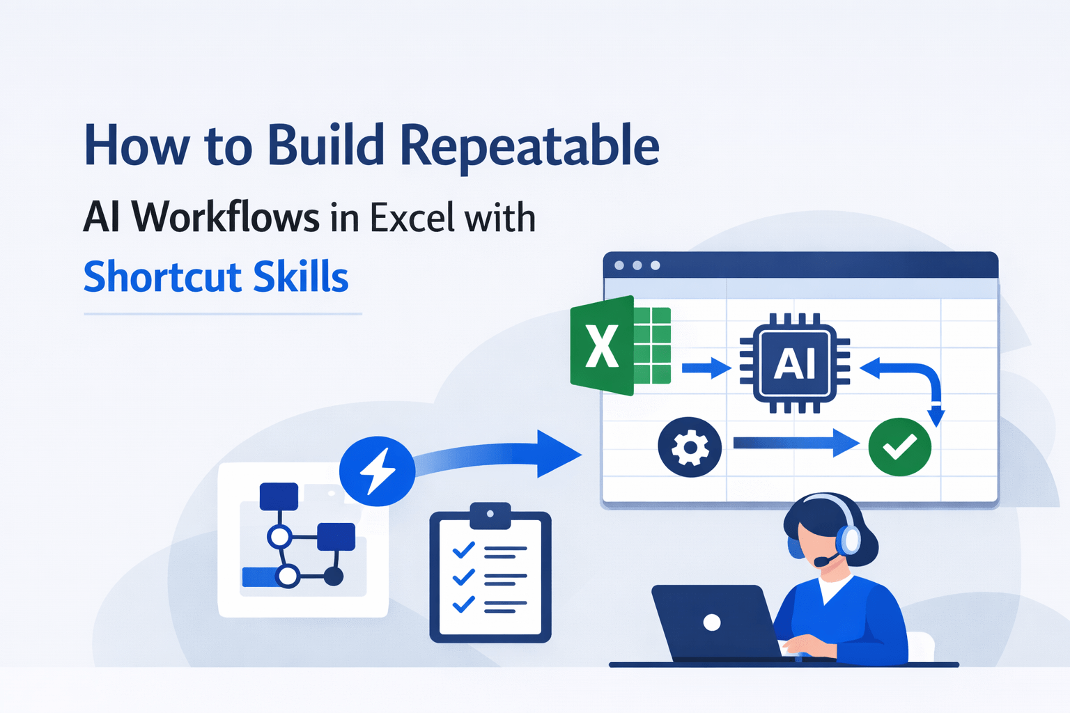Minimalist feature image showing AI workflows in Excel with clean blue UI elements and structured process visuals