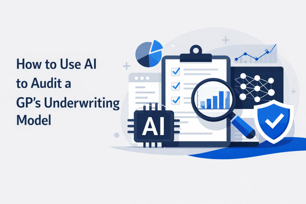 Minimalist feature image showing AI-powered auditing of a GP’s underwriting model, with a clipboard, financial charts, magnifying glass, and AI chip icons on a light background.