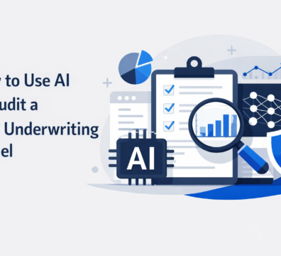 Minimalist feature image showing AI-powered auditing of a GP’s underwriting model, with a clipboard, financial charts, magnifying glass, and AI chip icons on a light background.