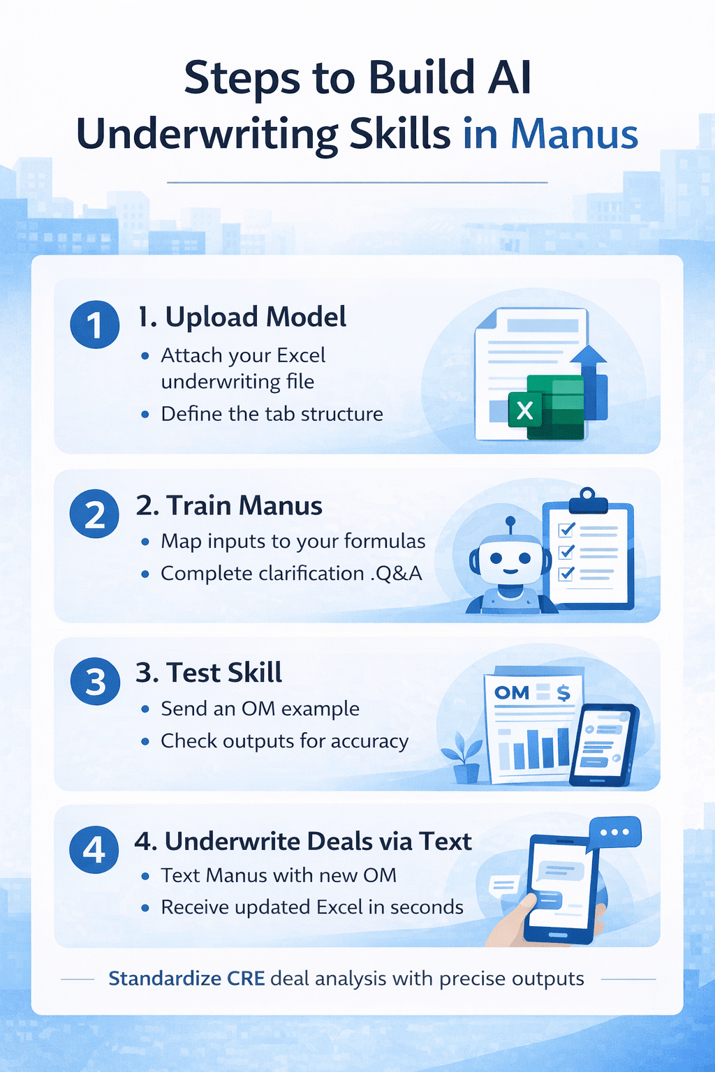 AI underwriting workflow showing steps to build AI underwriting skills in Manus using Excel models for standardized CRE deal analysis