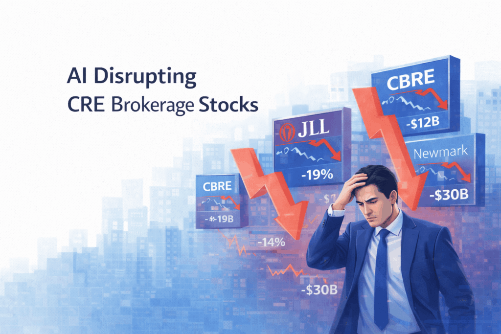 AI Disrupting CRE Brokerage Stocks featured image showing declining commercial real estate brokerage stock performance with AI-driven automation impacting CRE market analysis and deal workflows.