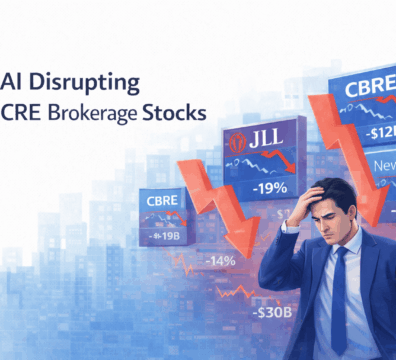 AI Disrupting CRE Brokerage Stocks featured image showing declining commercial real estate brokerage stock performance with AI-driven automation impacting CRE market analysis and deal workflows.