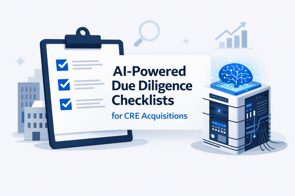 Minimalist illustration of AI-powered due diligence in commercial real estate, featuring a checklist clipboard, building icons, and a smart AI server with a digital brain.