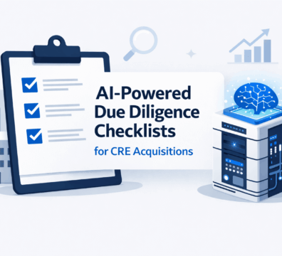 Minimalist illustration of AI-powered due diligence in commercial real estate, featuring a checklist clipboard, building icons, and a smart AI server with a digital brain.