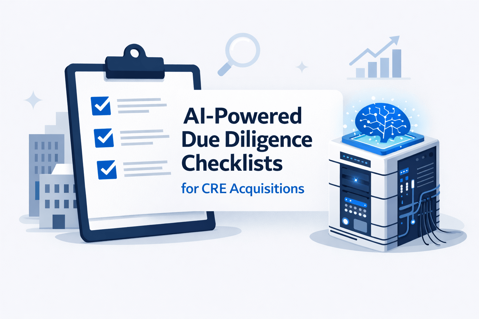 Minimalist illustration of AI-powered due diligence in commercial real estate, featuring a checklist clipboard, building icons, and a smart AI server with a digital brain.