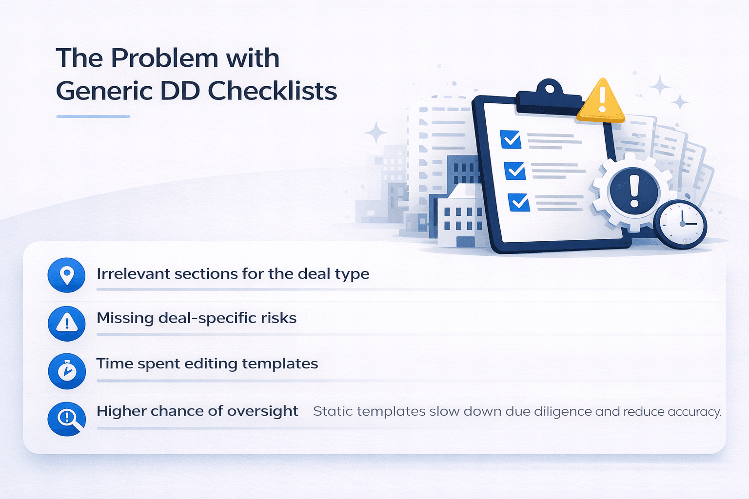 Landscape infographic showing problems with generic due diligence checklists, including irrelevant sections, missing risks, time-consuming edits, and higher oversight risk, illustrated with icons and a checklist graphic.