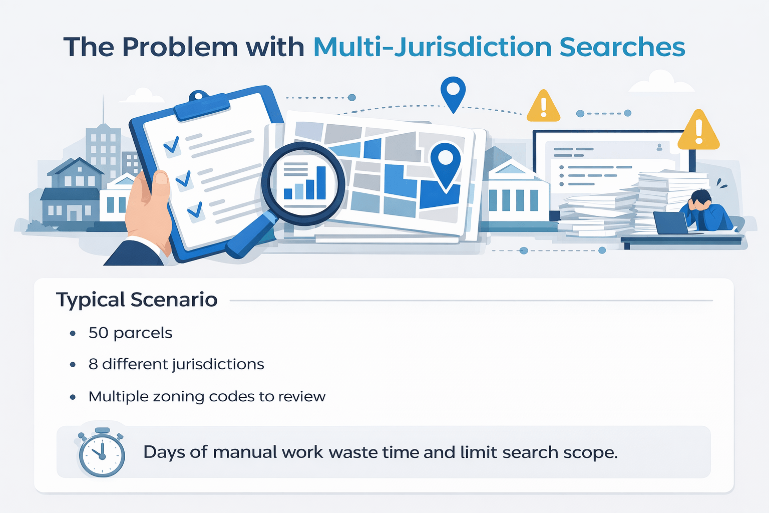 Minimalist landscape infographic illustrating multi-jurisdiction zoning challenges, showing a map, checklist, documents, and workload indicators alongside key stats like 50 parcels, 8 jurisdictions, and multiple zoning codes.