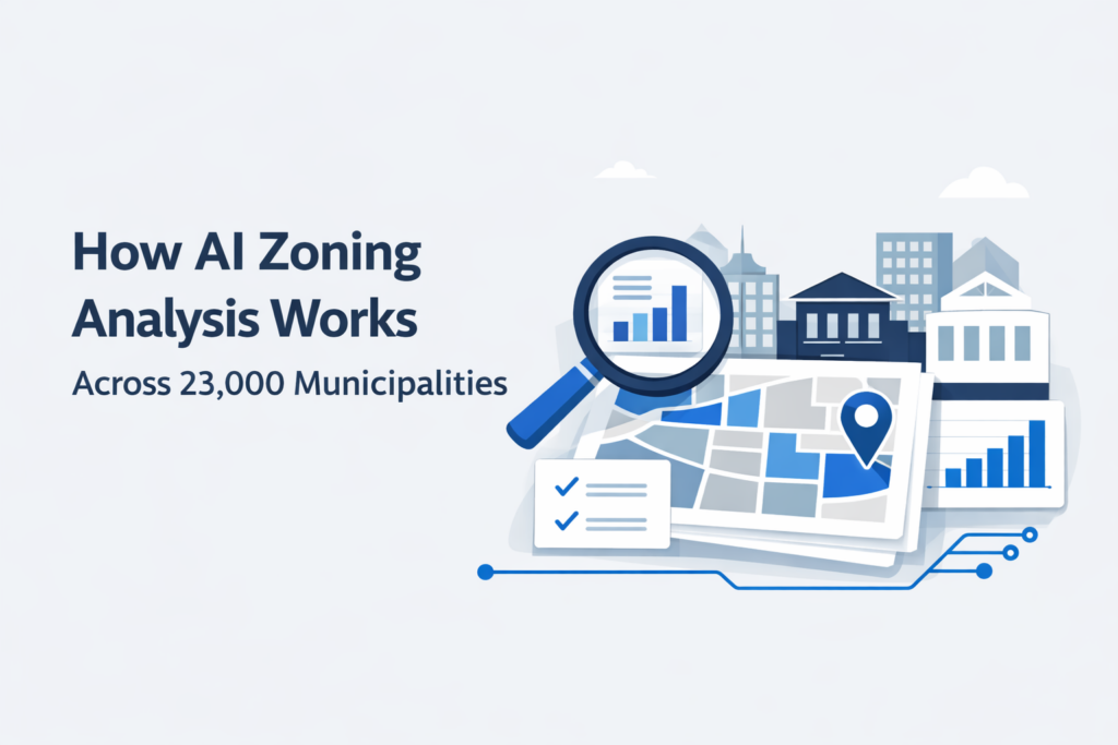 Minimalist feature image showing a zoning map with a magnifying glass, city buildings, and data charts alongside the title “How AI Zoning Analysis Works Across 23,000 Municipalities” on a light background.