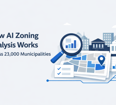 Minimalist feature image showing a zoning map with a magnifying glass, city buildings, and data charts alongside the title “How AI Zoning Analysis Works Across 23,000 Municipalities” on a light background.
