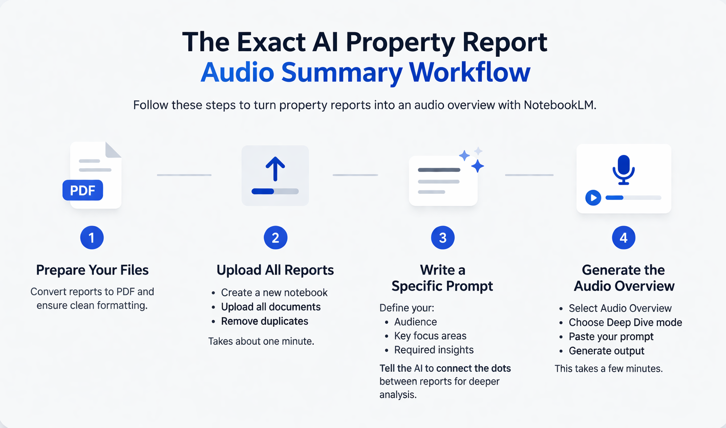 Minimalist workflow infographic showing steps to convert property reports into AI-generated audio summaries, including file preparation, uploading reports, writing prompts, and generating audio output.