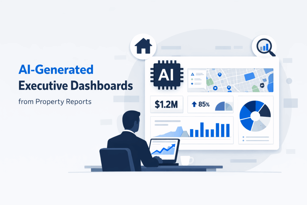 Minimalist AI-powered executive dashboard showing property data analytics, charts, and real estate insights on a clean SaaS-style interface
