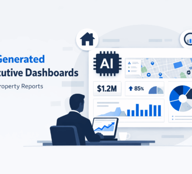 Minimalist AI-powered executive dashboard showing property data analytics, charts, and real estate insights on a clean SaaS-style interface