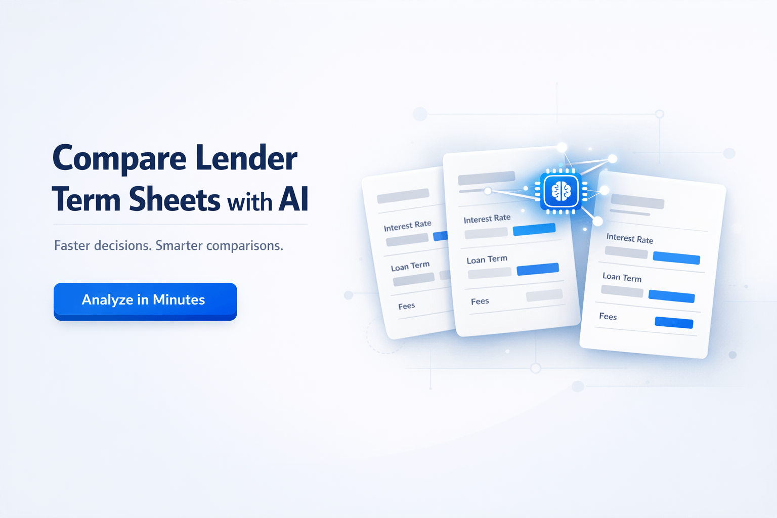 AI-powered comparison of lender term sheets with highlighted loan details and clean SaaS-style interface