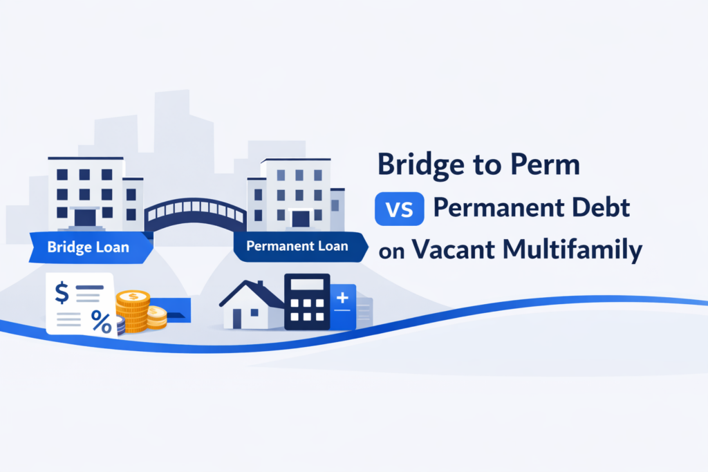 Bridge to perm vs permanent debt concept illustration with buildings connected by a bridge, showing transition from bridge loan to permanent loan in multifamily real estate.