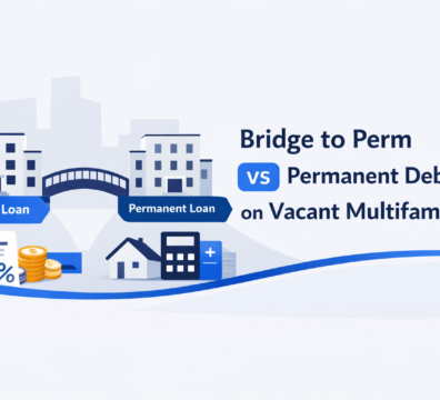 Bridge to perm vs permanent debt concept illustration with buildings connected by a bridge, showing transition from bridge loan to permanent loan in multifamily real estate.