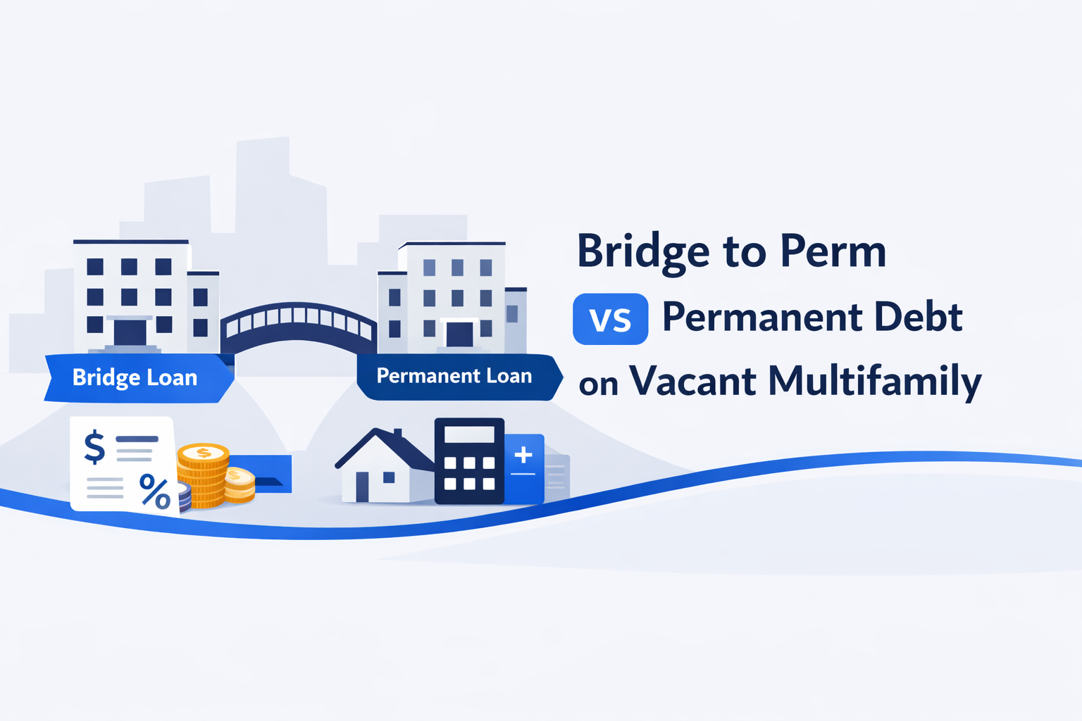 Bridge to perm vs permanent debt concept illustration with buildings connected by a bridge, showing transition from bridge loan to permanent loan in multifamily real estate.