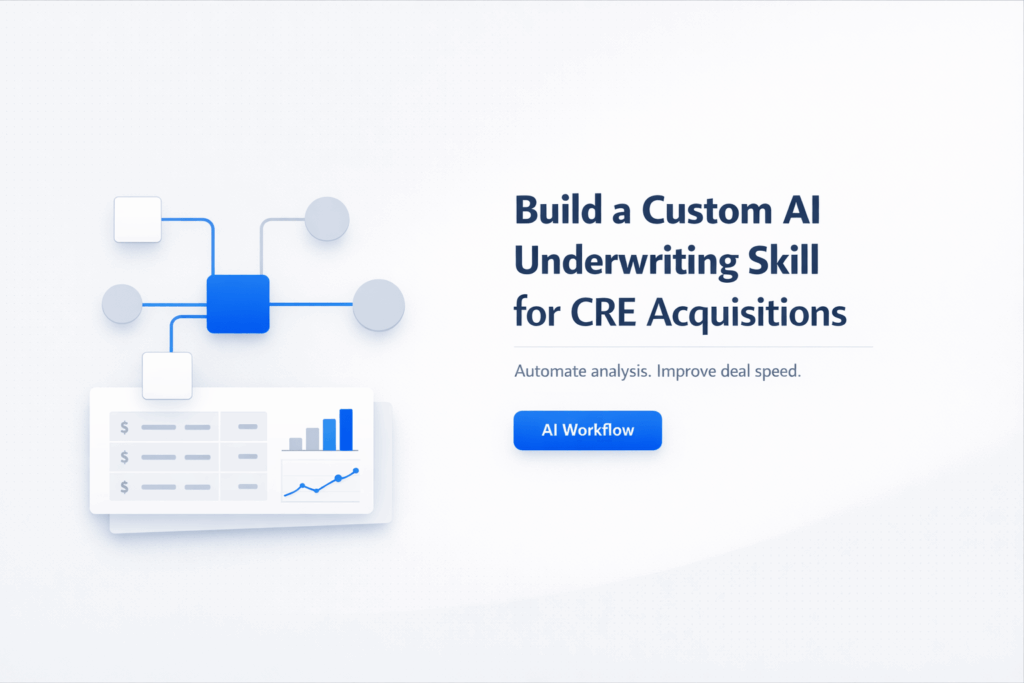 Minimal SaaS-style feature image showing AI underwriting workflow diagram with dashboard analytics for CRE acquisitions
