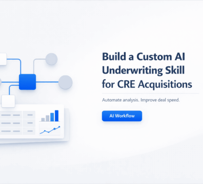 Minimal SaaS-style feature image showing AI underwriting workflow diagram with dashboard analytics for CRE acquisitions
