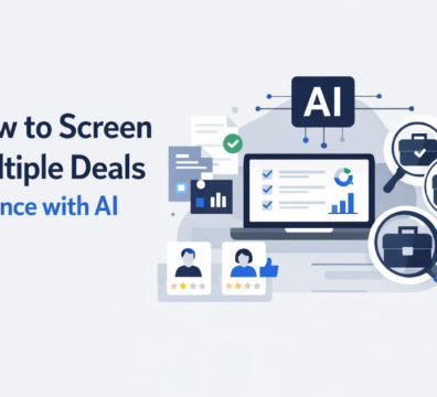Minimalist illustration showing AI-powered system screening multiple business deals on a laptop with dashboards, documents, and magnifying glass icons