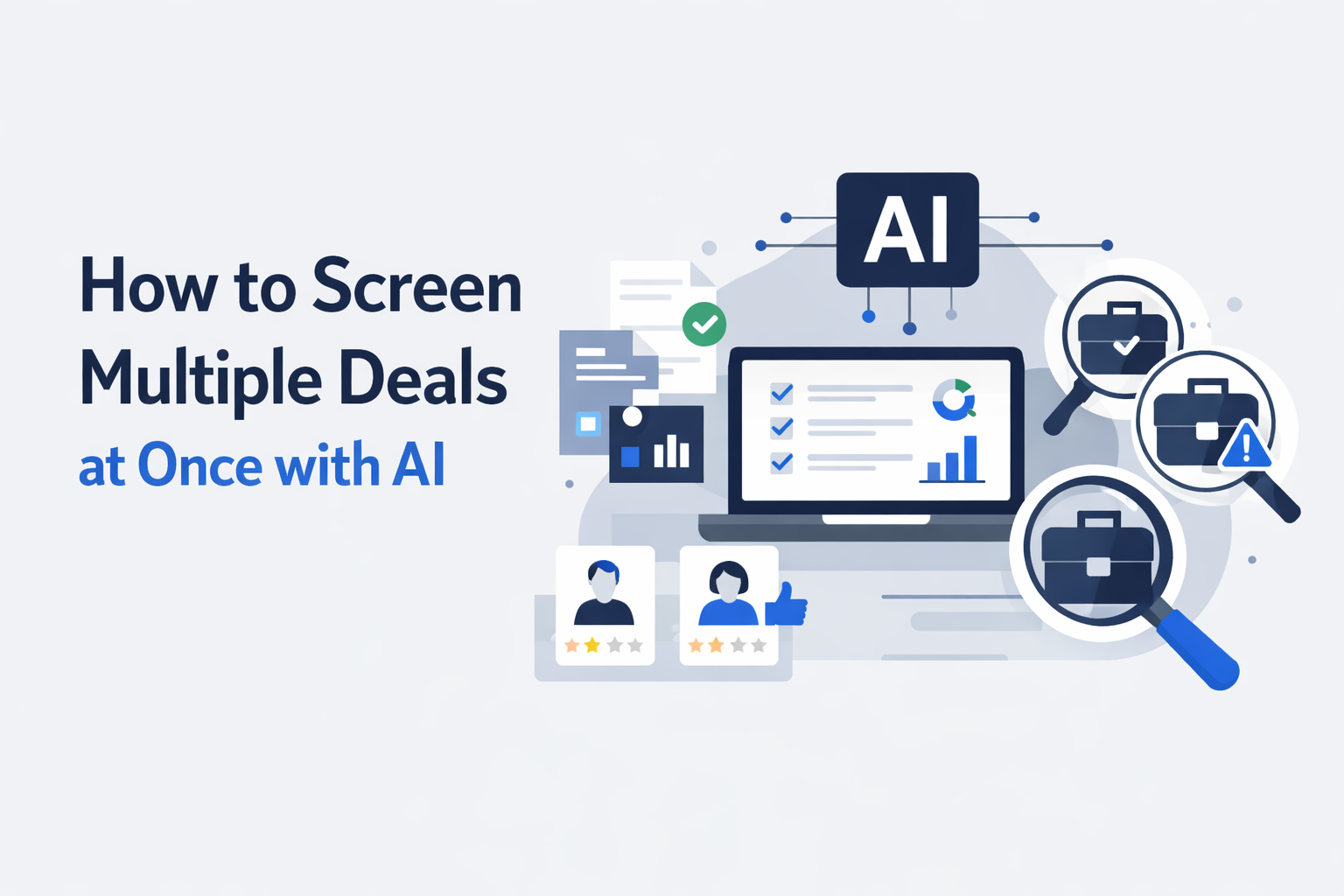 Minimalist illustration showing AI-powered system screening multiple business deals on a laptop with dashboards, documents, and magnifying glass icons